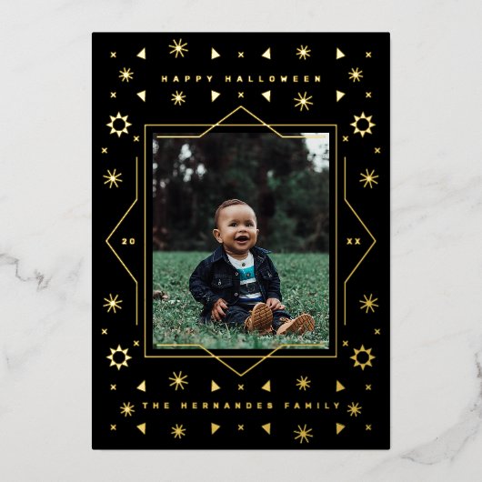 幾何学的なデザインが楽しいハロウィン写真カード ゴールド箔押し 箔シーズンカード (正面)
