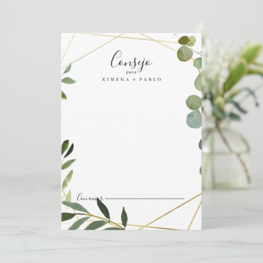 幾何学的なトロピカルグリーンの葉のスペイン風ウェディング アドバイスカード (スタンド正面)