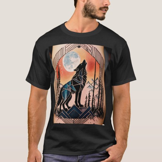 幾何学的なハウリングオオカミの入れ墨、夜景 Tシャツ (正面)
