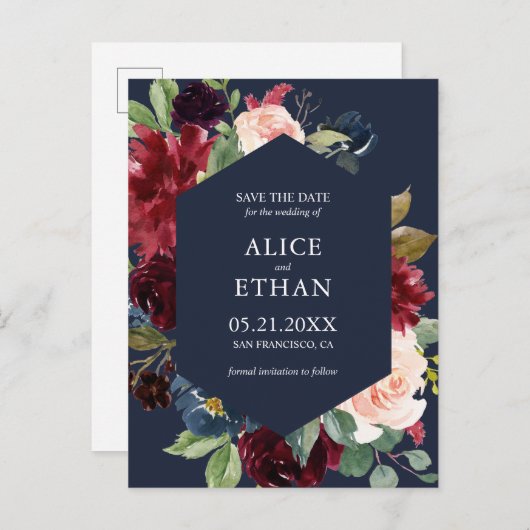 幾何学的なバーガンディとネイビーブルーが日付を保存 案内ポストカード (正面/裏面)