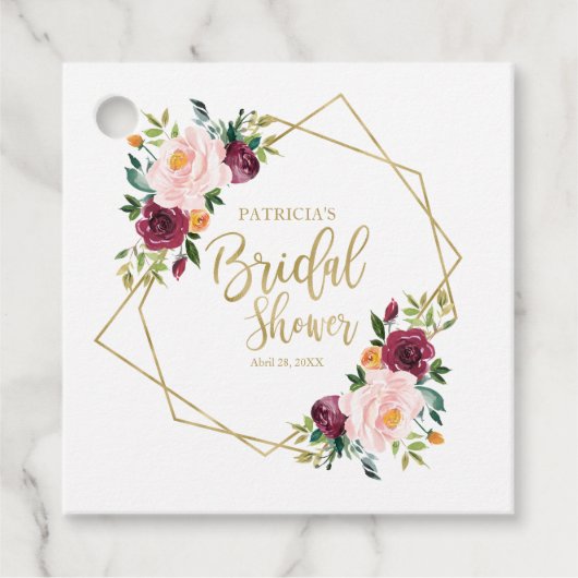 幾何学的なバーガンディとブッシュの花のプリンセスシャワー フェイバータグ (正面)