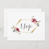 幾何学的なバーガンディの花とユーカリの結婚式出欠確認カード インビテーションポストカード (正面/裏面)
