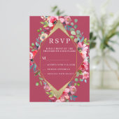 幾何学的なバーガンディピンクのミントゴールドの花のRSVP 招待状 (スタンド正面)