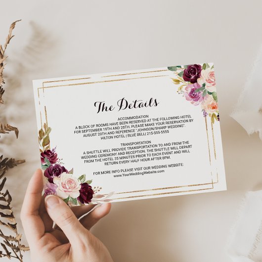 幾何学的なバーガンディーの結婚式 詳細挿入カード 招待状