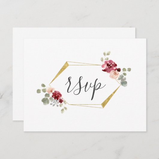 幾何学的なバーガンディーフラワーとユーカリの結婚式出欠確認カード インビテーションポストカード (正面/裏面)