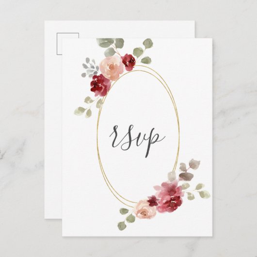 幾何学的なバーガンディーフラワーとユーカリの結婚式出欠確認カード インビテーションポストカード (正面/裏面)