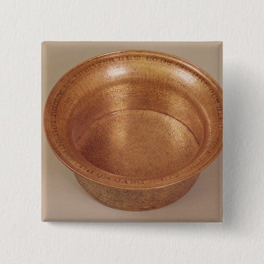幾何学的なパターンと飾られる洗面器 缶バッジ (正面)