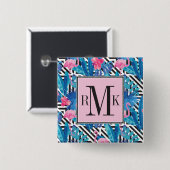 幾何学的なパターンのフラミンゴ及びやし 缶バッジ (正面&裏面)