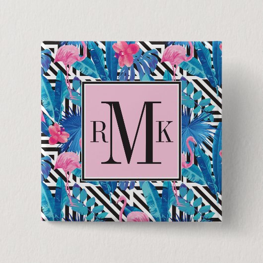 幾何学的なパターンのフラミンゴ及びやし 缶バッジ (正面)