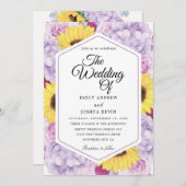 幾何学的なヒマワリと紫の結婚式招待状 招待状 (正面/裏面)