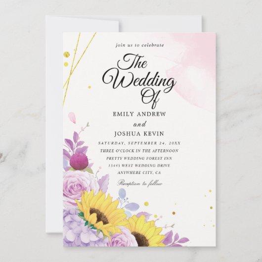 幾何学的なヒマワリと紫の結婚式招待状 招待状 (正面)