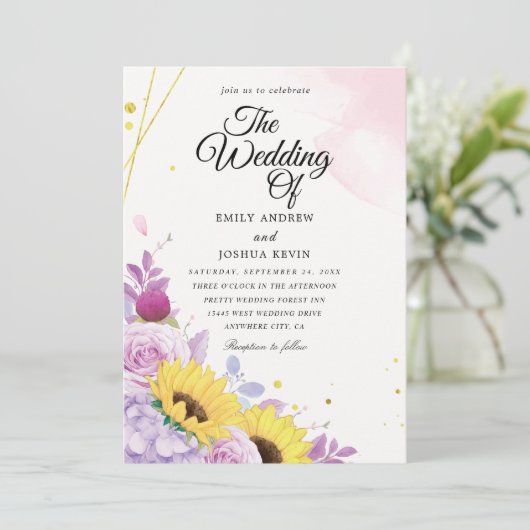 幾何学的なヒマワリと紫の結婚式招待状 招待状 (スタンド正面)