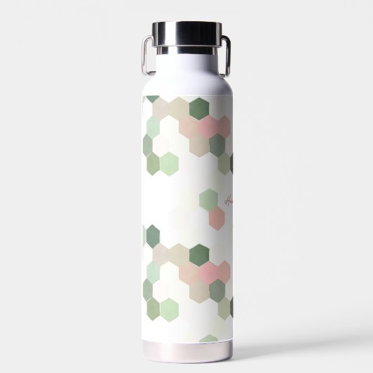 幾何学的なピンクとグリーンハニカム |モノグラム ウォーターボトル (正面)