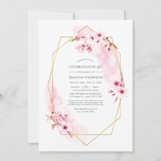 幾何学的なピンクのさくらんぼの花のお祝い 招待状 (正面)