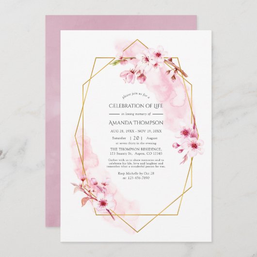 幾何学的なピンクのさくらんぼの花のお祝い 招待状 (正面/裏面)