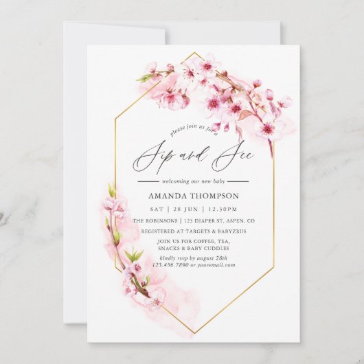 幾何学的なピンクのさくらんぼ花の園区と参照パーティー 招待状 (正面)