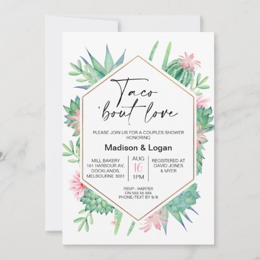 幾何学的なピンクのサボテンタコについて愛の花嫁シャワー 招待状 (正面)