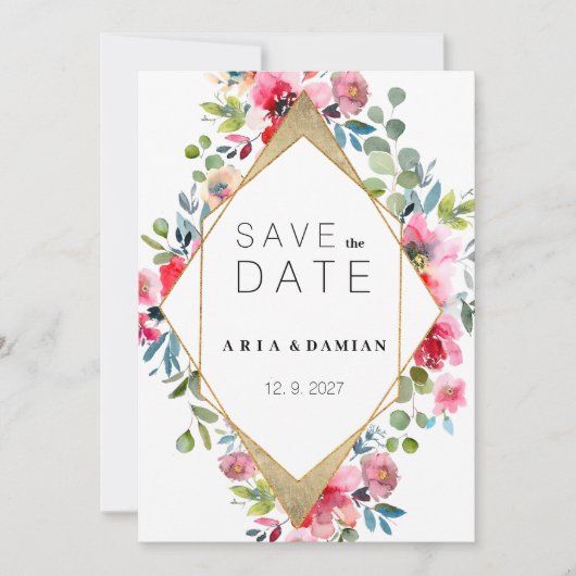 幾何学的なピンクのミントレッド金ゴールドフローラ日付を保存 招待状 (正面)