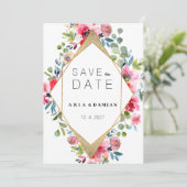 幾何学的なピンクのミントレッド金ゴールドフローラ日付を保存 招待状 (スタンド正面)