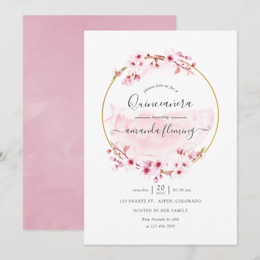 幾何学的なピンクの春の桜のキンセアニエラ 招待状 (正面/裏面)