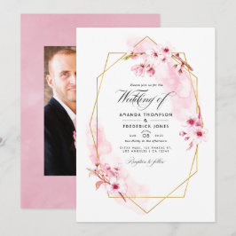 幾何学的なピンクの春の桜の結婚式の写真 招待状