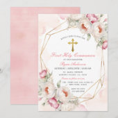 幾何学的なピンクの花の初めての聖体拝領 招待状 (正面/裏面)