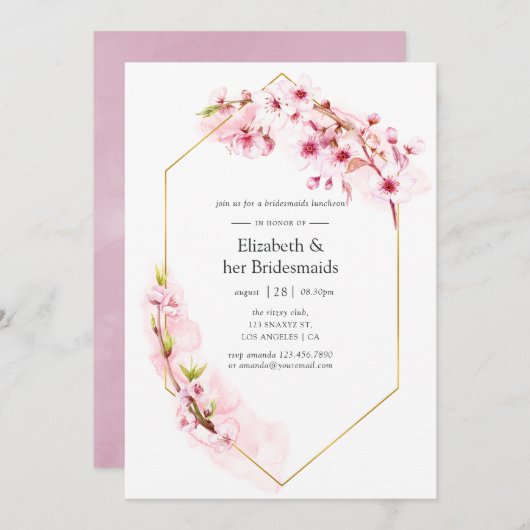 幾何学的なピンク春花花花花花花嫁ランチョン 招待状 (正面/裏面)