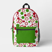 幾何学的なフェスティブな赤と緑の水玉模様 プリントバックパック (正面)