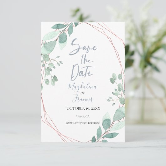 幾何学的なフレームと繊細なグリーンでお知らせ 招待状 (スタンド正面)