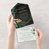 幾何学的なフレームにグリーンとブラックの RSVp 付き オールインワン招待状 (貼ってはがせる)