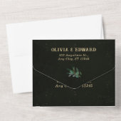 幾何学的なフレームにグリーンとブラックの RSVp 付き オールインワン招待状 (裏面)