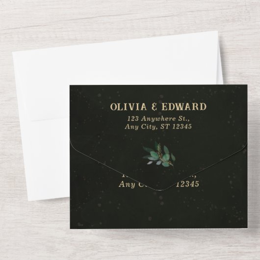 幾何学的なフレームにグリーンとブラックの RSVp 付き オールインワン招待状 (裏面)