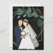 幾何学的なフレームの緑と金の葉の結婚式 招待状 (裏面)