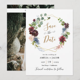 幾何学的なフレーム ワインレッド ネイビー 花柄 セーブ・ザ・デート 招待状