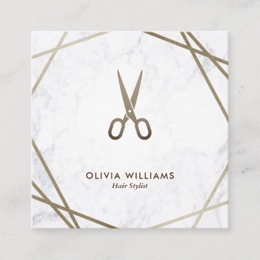 幾何学的なブラウンの金ゴールドのはさみの大理石の美容師 スクエア名刺 (正面)