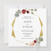 幾何学的なブルゴーニュの花と結婚緑 招待状 (正面)