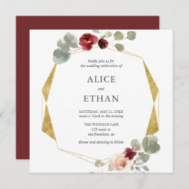 幾何学的なブルゴーニュの花と結婚緑 招待状
