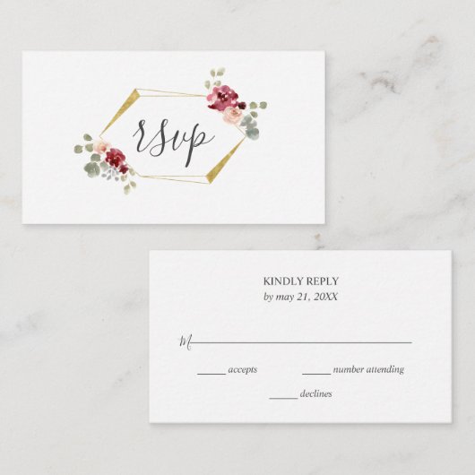 幾何学的なブルゴーニュの花の緑の結婚式RSVP エンクロージャーカード (正面/裏面)