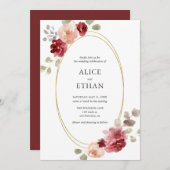 幾何学的なブルゴーニュの花結婚の緑 招待状 (正面/裏面)