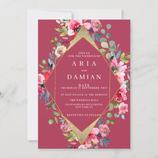 幾何学的なブルゴーニュピンクミント金ゴールド結婚フローラ 招待状 (正面)