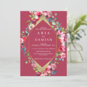 幾何学的なブルゴーニュピンクミント金ゴールド結婚フローラ 招待状 (スタンド正面)