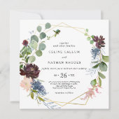 幾何学的なブルゴーニュフローラと緑結婚園 招待状 (正面)