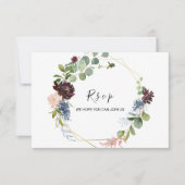 幾何学的なブルゴーニュフローラの緑のメニューの選択 出欠カード (正面)