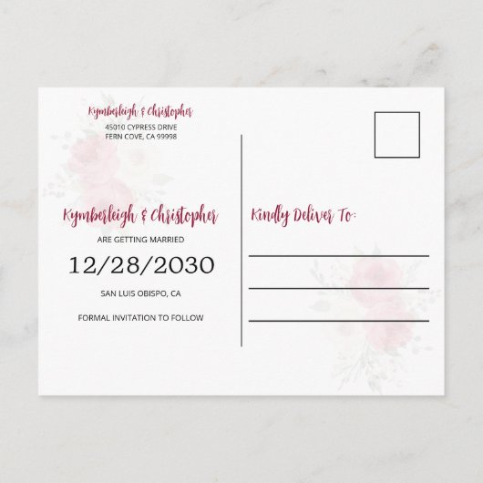 幾何学的なブルゴーニュフローラ結婚式の日付を保存 案内ポストカード (裏面)