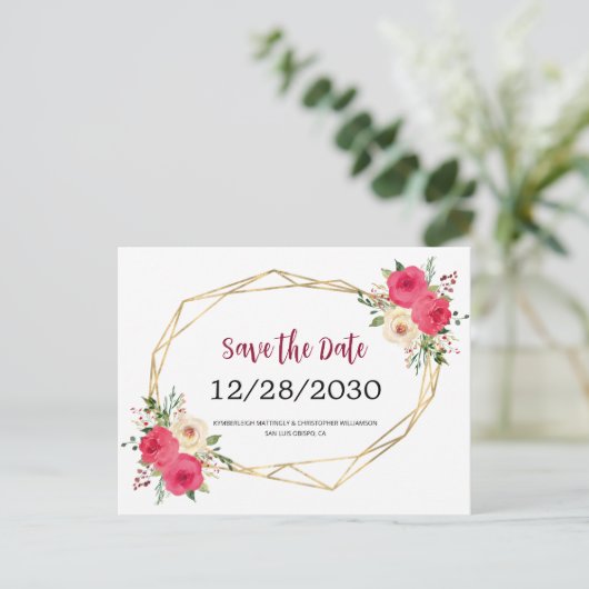 幾何学的なブルゴーニュフローラ結婚式の日付を保存 案内ポストカード (スタンド正面)