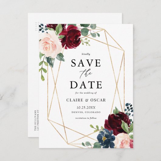 幾何学的なブルゴーニュ秋の花の日付を保存 案内ポストカード (正面/裏面)