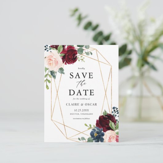 幾何学的なブルゴーニュ秋の花の日付を保存 案内ポストカード (スタンド正面)