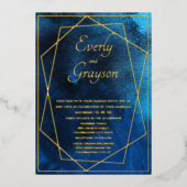 幾何学的なブルーと金ゴールド結婚のフォイル招待状 箔招待状 (正面)