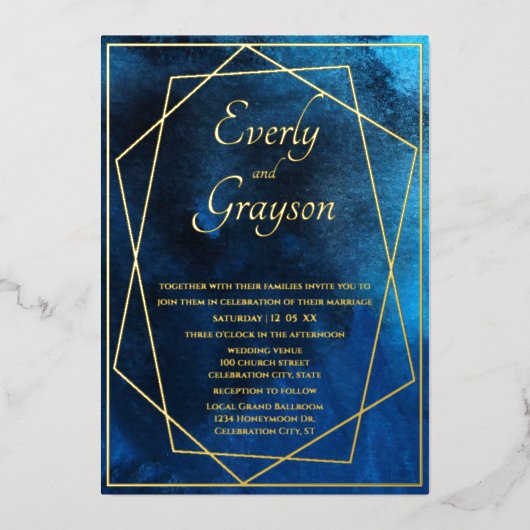 幾何学的なブルーと金ゴールド結婚のフォイル招待状 箔招待状 (正面)