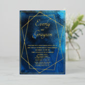 幾何学的なブルーと金ゴールド結婚のフォイル招待状 箔招待状 (立ち正面)